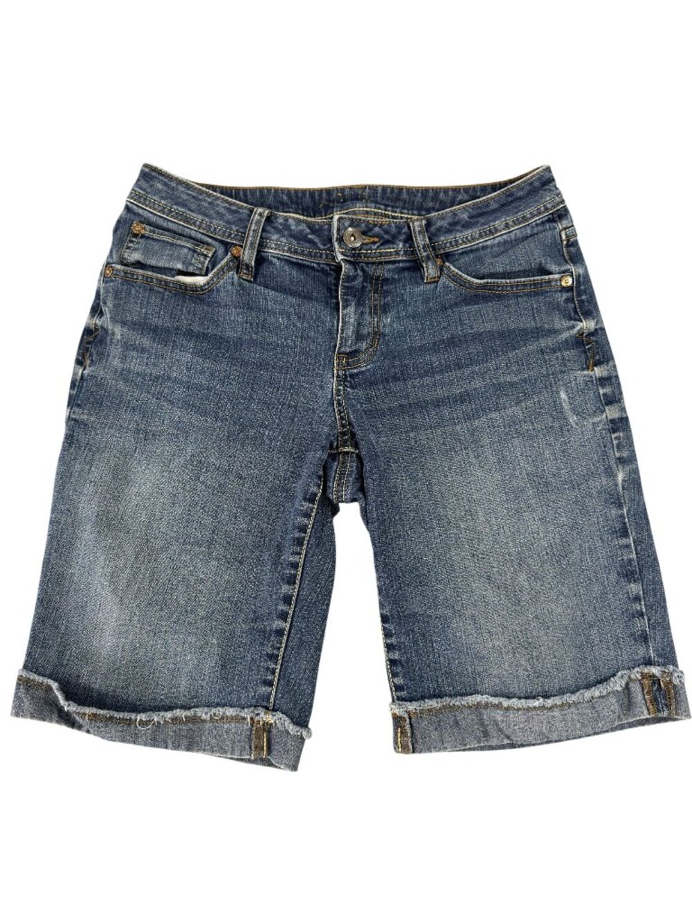 Apt 9 Denim Bermuda Shorts Womens Sz 4 Blue Rolled Hem Mid-Rise Stretch Pockets